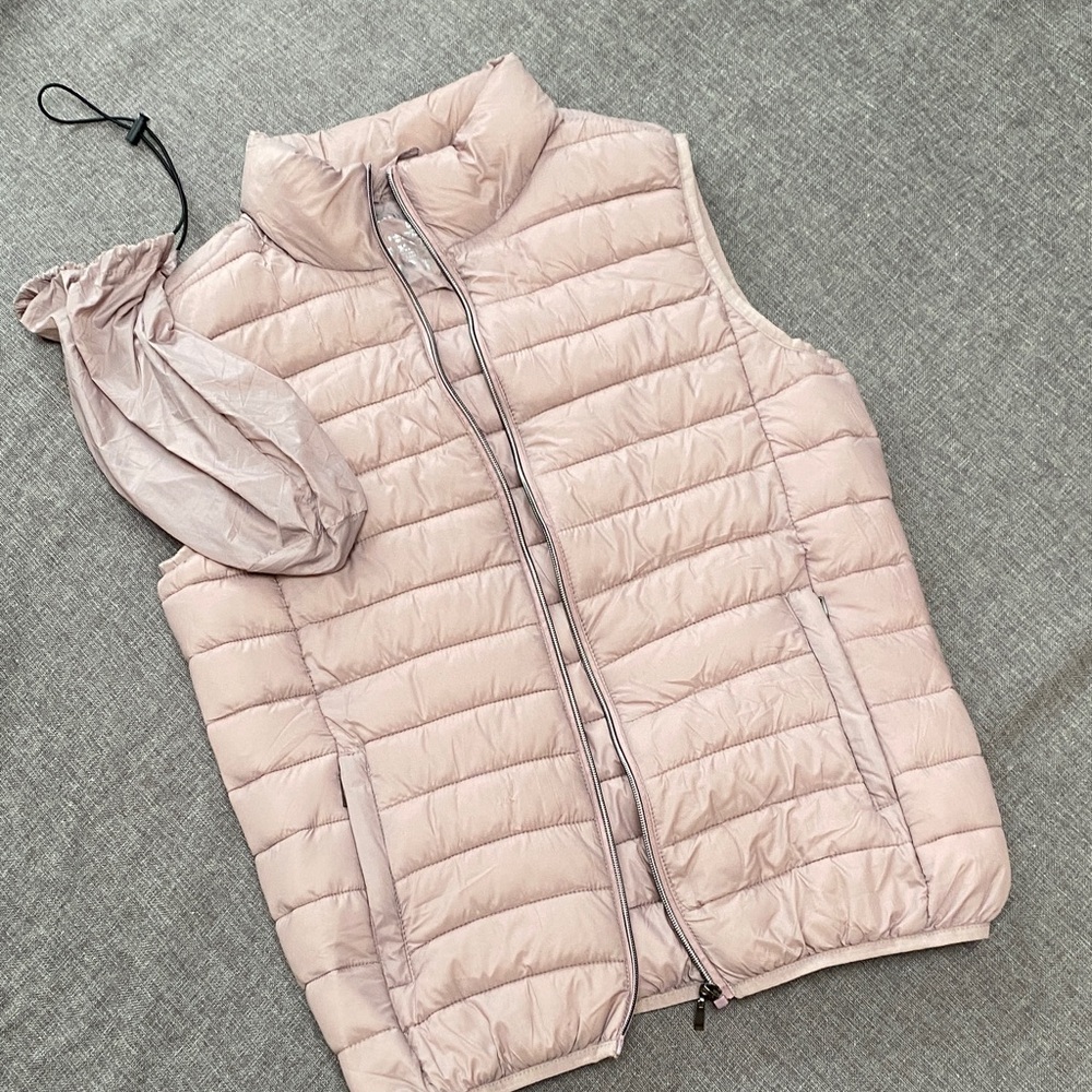 Women’s Small Tall Long Puffer Vest with Bag Dusty Pink